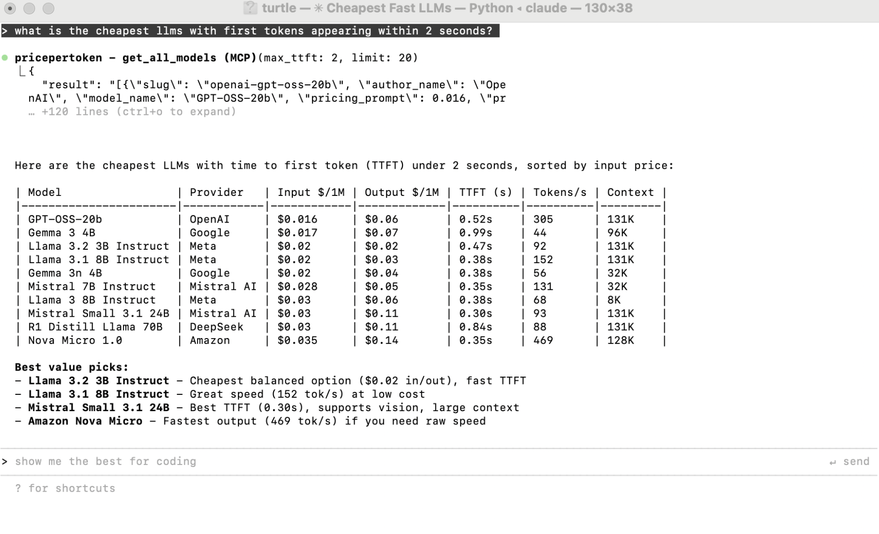 Price Per Token MCP in action - showing cheapest LLMs with fast time to first token in Claude Code terminal